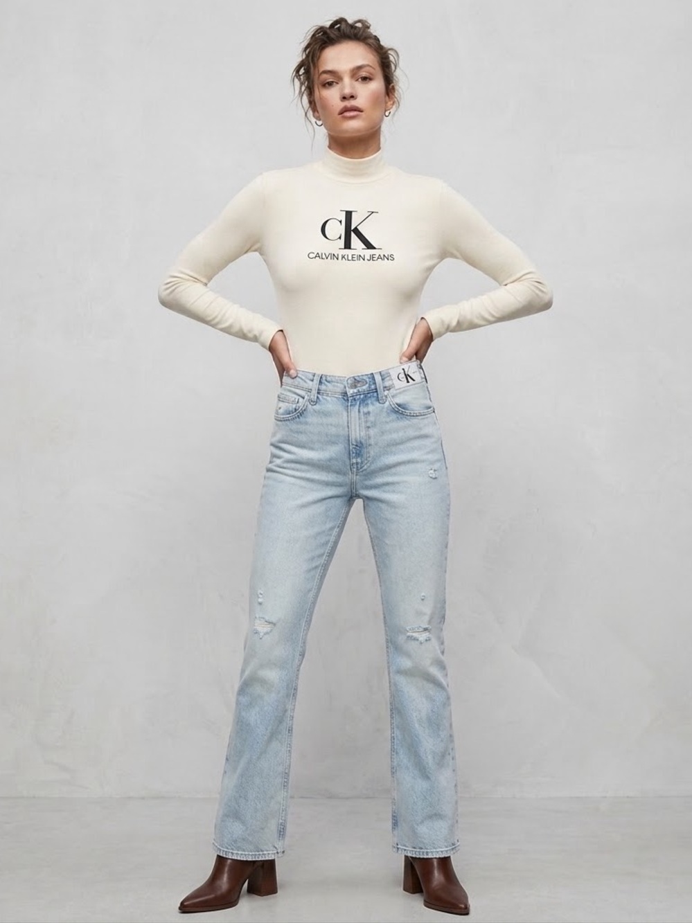 Calvin Klein Off White Monogram Mock Neck Long Sleeve Bodysuit Size XS